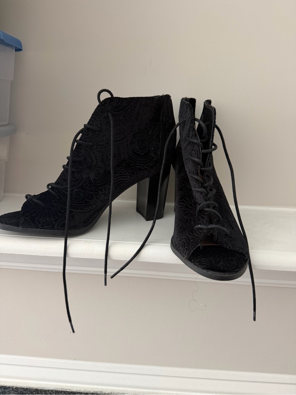 Report Black Lace-Up Peep Toe Block Heel Ankle Boots